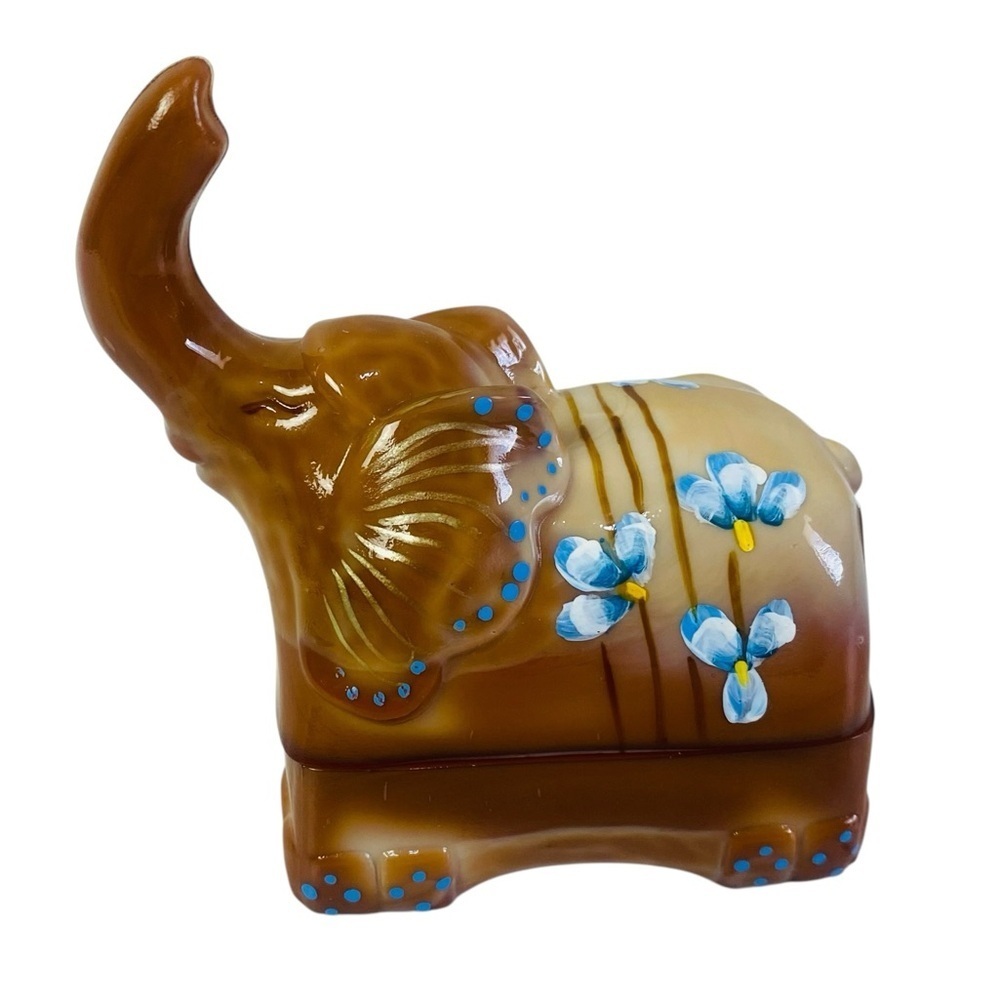 Fenton Art Glass Autumn Gold Hand Painted Elephant Trinket Box/Ring Holder